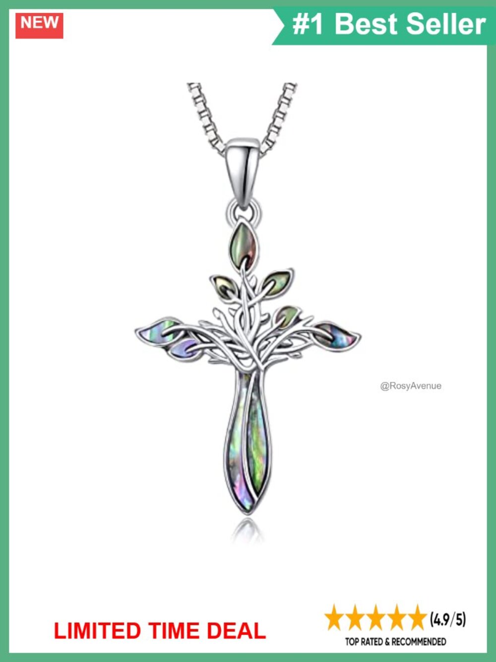 925 Sterling Silver Cross Tree of Life Necklace Abalone Shell 18+2 Inch